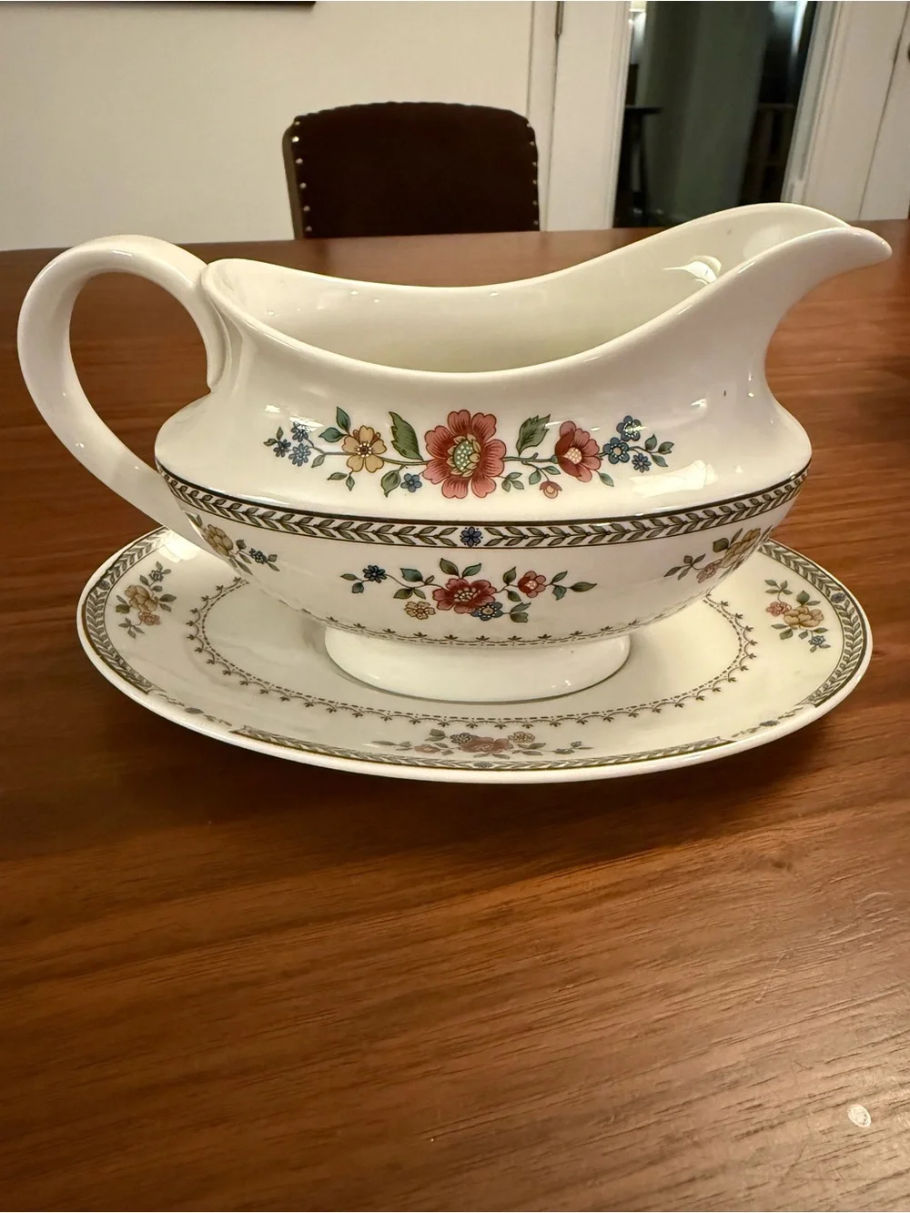 Royal Doulton White Gravy Boat and Platter with Red and Green Floral Motif